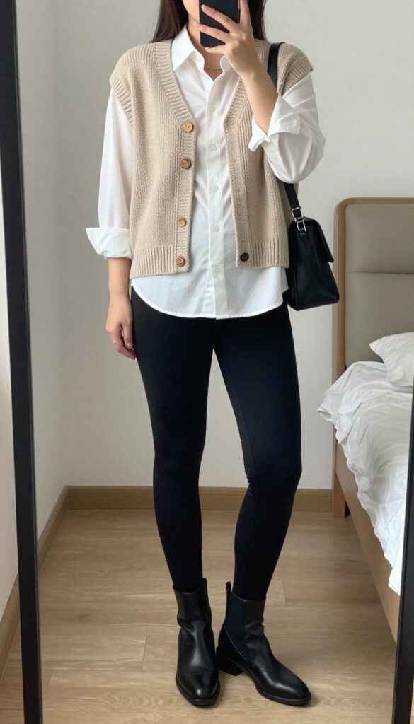Pregnant woman in knit vest over button-down shirt with black leggings and ankle boots