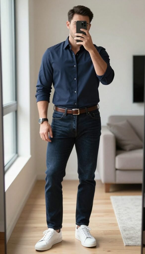 Plus-size man in dark slim jeans and a structured button-up shirt, partially tucked, with leather belt and sneakers, taking a mirror selfie in bright natural light.