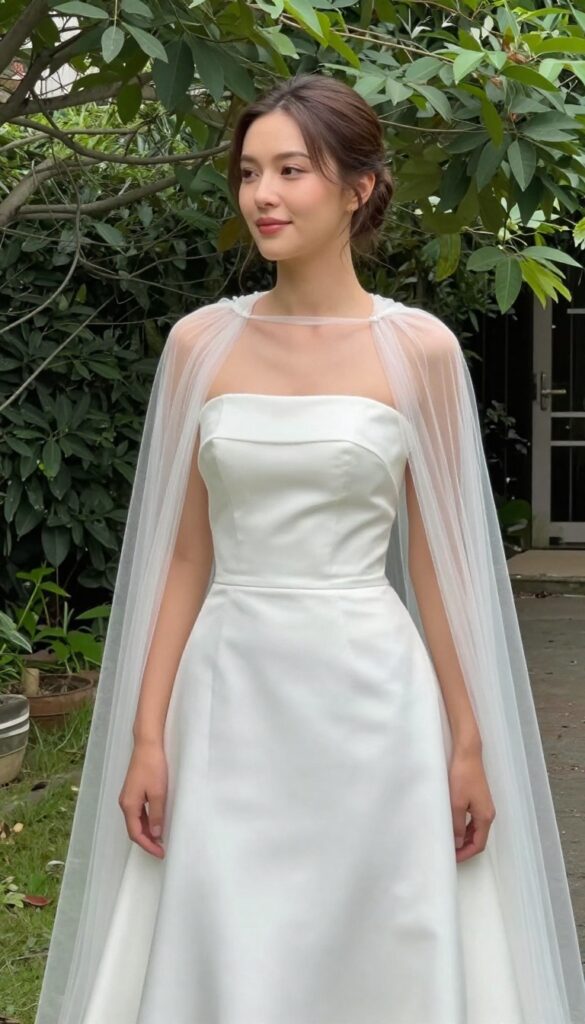 Woman in strapless white satin A-line gown with detachable sheer tulle cape, standing in sunlit garden, smiling, cape flowing behind