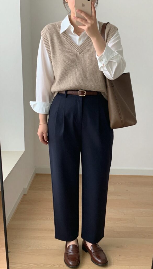 A woman in a chunky sweater vest over a white button-down shirt and high-waisted trousers, standing in a bright office setting, holding a coffee cup.