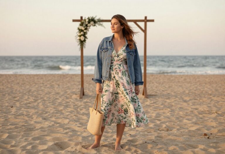 Woman in floral midi dress and denim jacket on beach at sunset