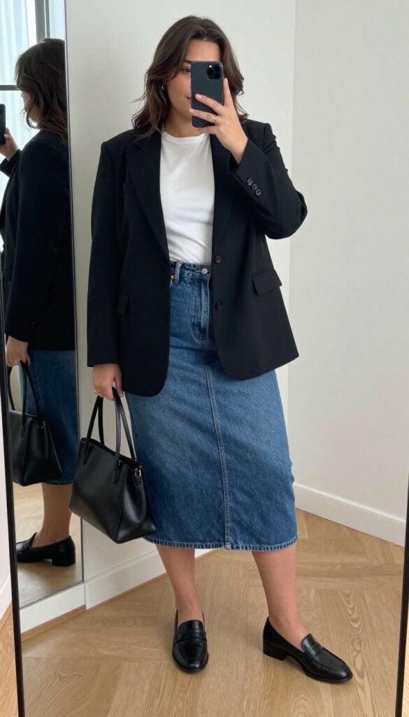Plus-size woman in a white tee, knee-length denim skirt, and oversized black blazer, posing in front of a mirror with a structured tote and loafers.