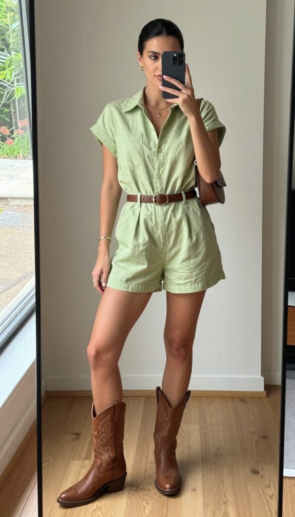 A woman in a lightweight neutral jumpsuit with a belt, cowboy boots, and crossbody bag poses for a mirror selfie in a bright room, embodying a stylish country concert outfit.