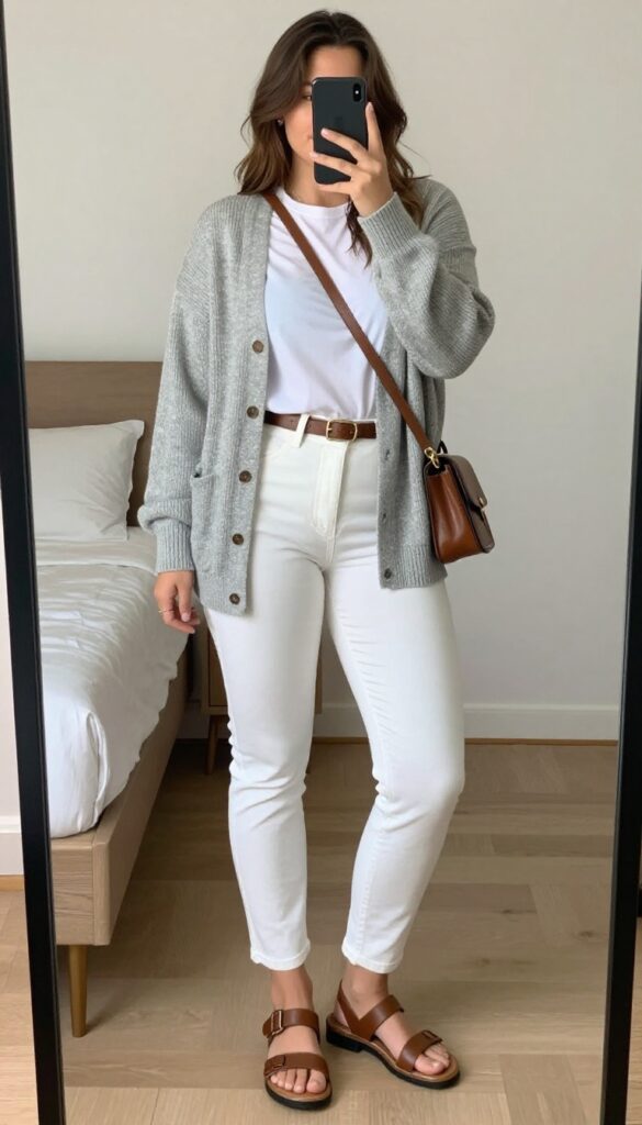 A woman in a long heather gray cardigan, white tee, and white jeans with a brown leather belt and sandals, taking a mirror selfie.