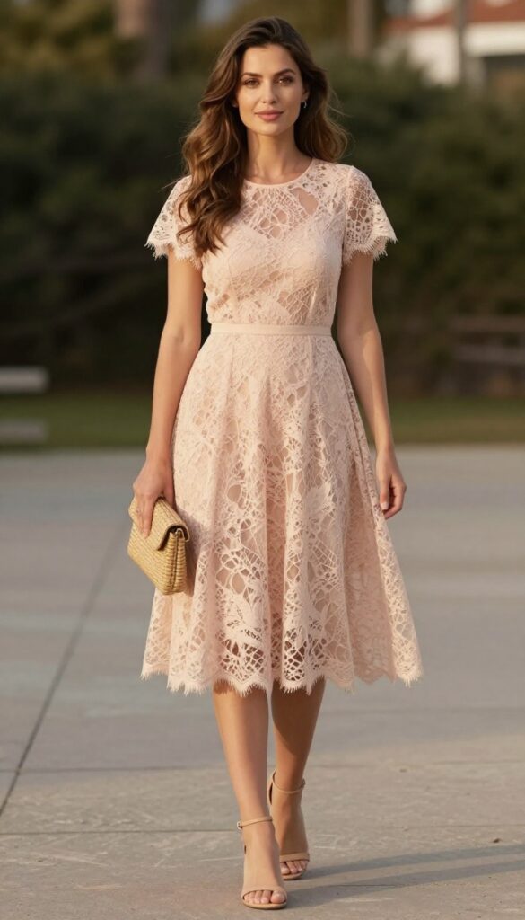 Young adult woman in blush lace A-line dress with sheer wispy sleeves, nude sandals, and woven clutch, standing on beach at golden hour, wind lifting hair and hem, smiling softly.
