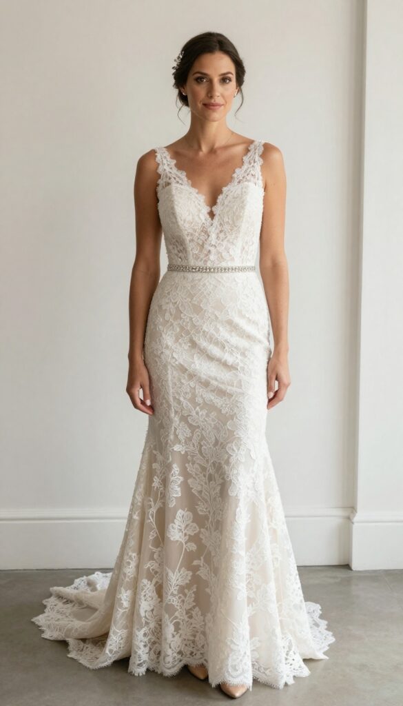Woman in lace wedding gown with crystal belt and hair pins