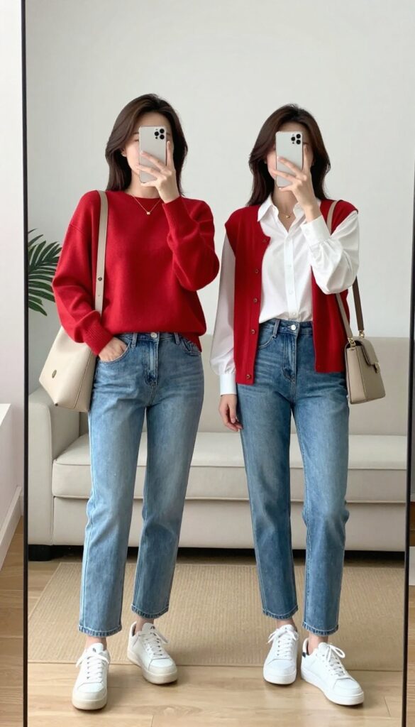 Mother and daughter taking a mirror selfie wearing coordinated outfits with a bold red accent: mother in red sweater and jeans, daughter in white blouse and red cardigan with jeans, both with white sneakers and beige bags.