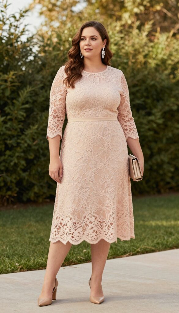Plus-size woman in blush lace A-line dress with chandelier earrings and nude heels in garden at golden hour