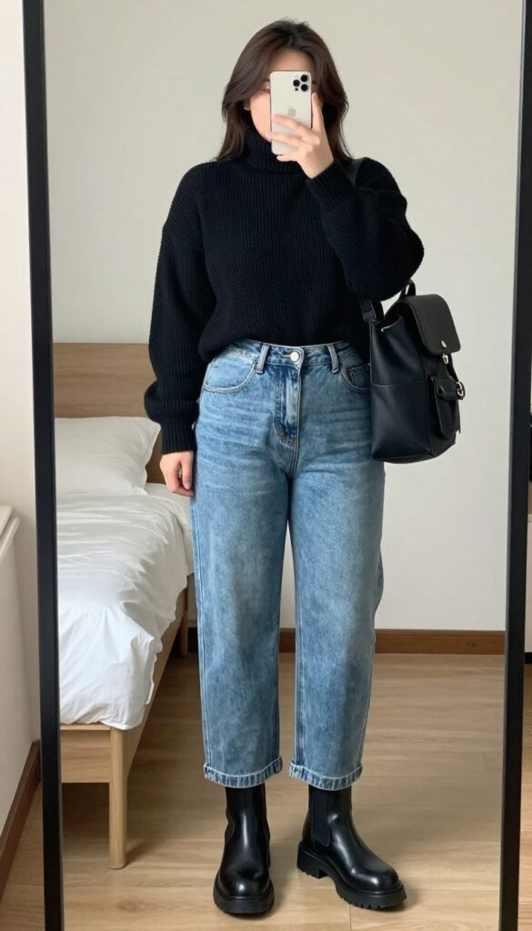 Woman in black turtleneck, light-wash denim jacket, black ankle boots, and backpack, taking a mirror selfie.