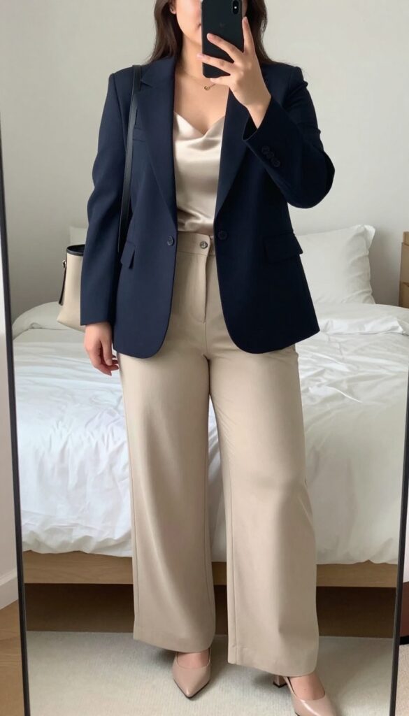 Woman in navy blazer, champagne silk shell, and wide-leg trousers