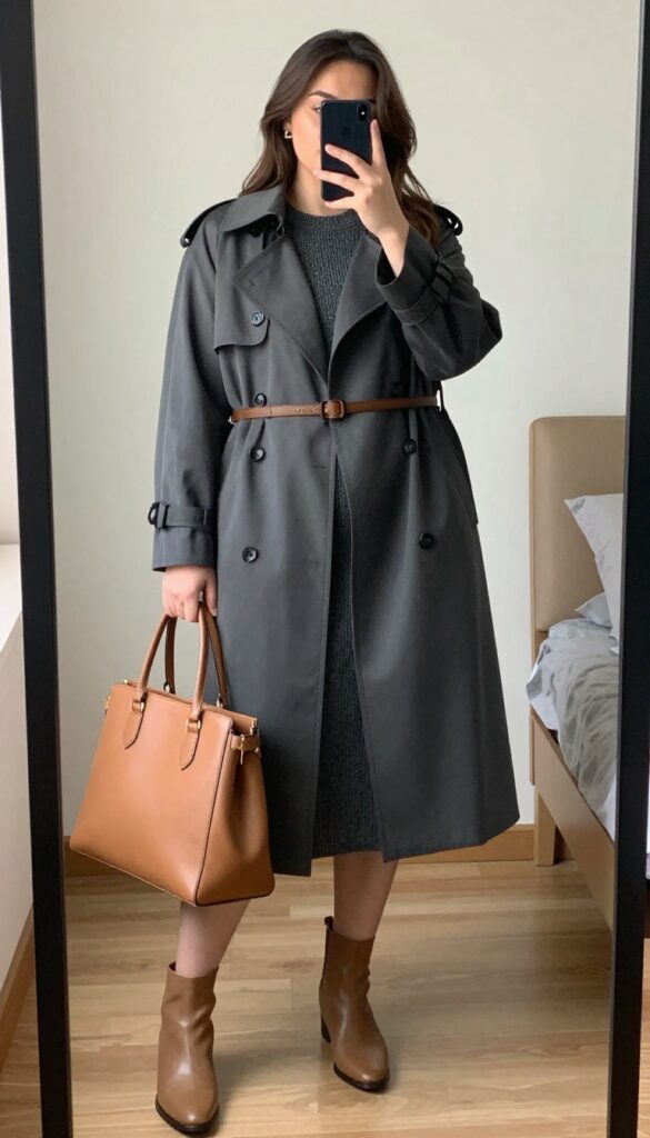 A woman in a trench coat cinched with a belt over a knit dress, standing in a professional setting, with ankle boots and a structured tote.