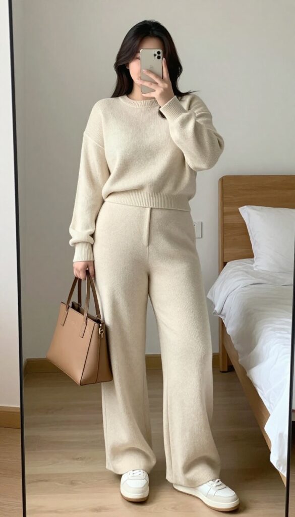 Woman in ecru knit set with white sneakers, standing in a bright office or café, looking approachable and put-together.