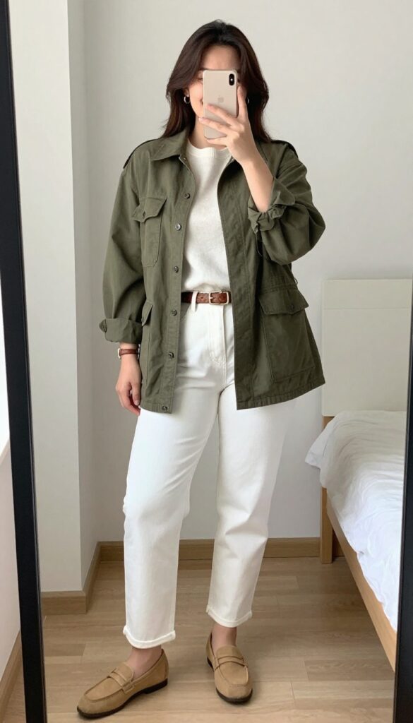 Model in olive utility jacket, white crewneck sweater, white jeans, tan loafers, and woven belt, standing in a mirror selfie pose.