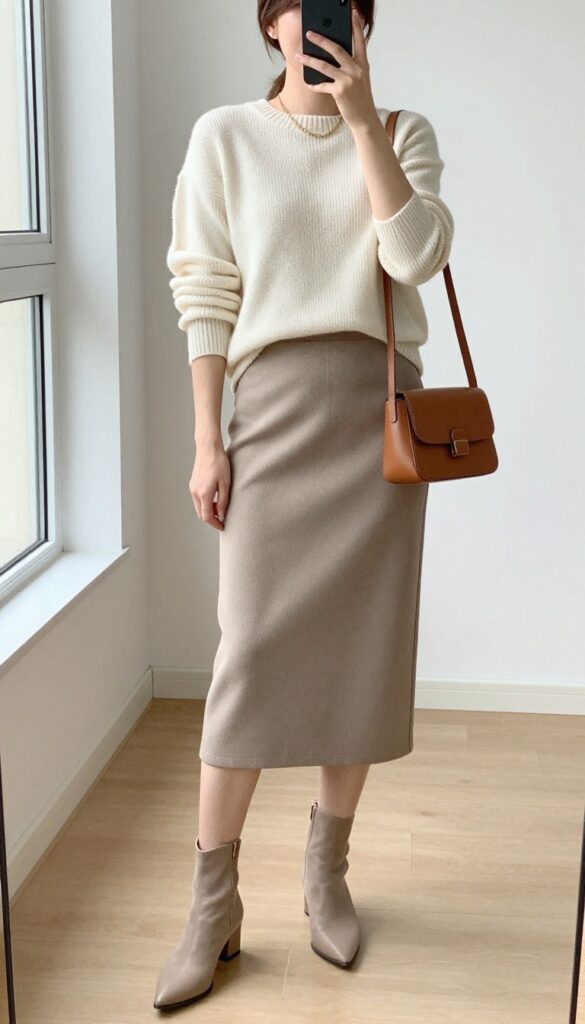A woman in a cream sweater and taupe pencil skirt posing in a mirror selfie, wearing nude ankle boots and a gold necklace, in a bright minimal room.