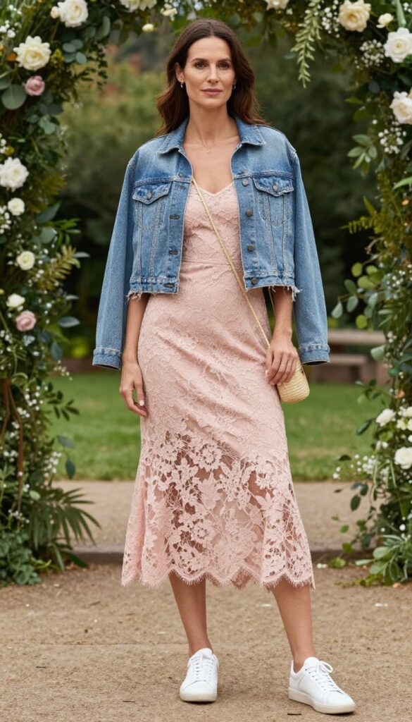 Young woman in blush lace slip dress and cropped denim jacket with white sneakers at garden wedding