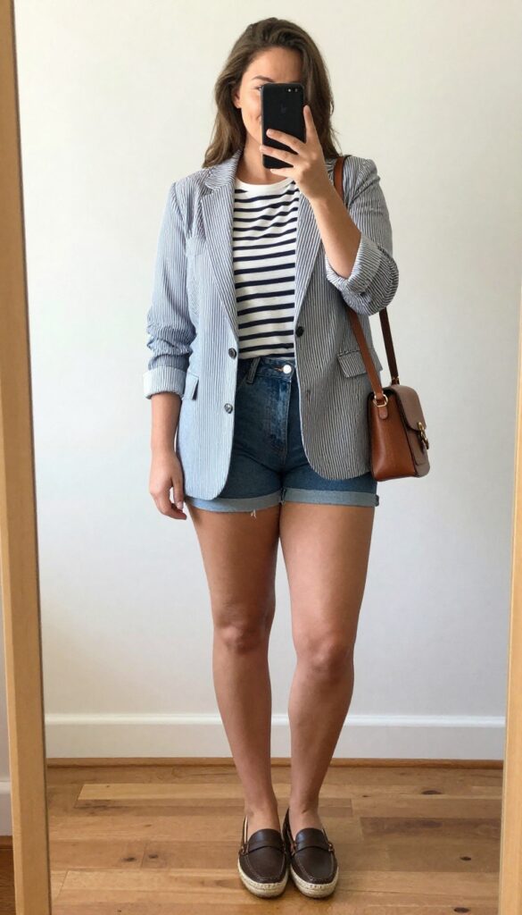 Seersucker blazer with white jeans and simple tee, espadrilles and crossbody bag, coastal grandmother professional style