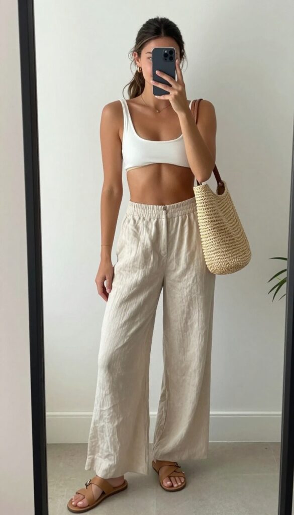 Woman in beige wide-leg linen pants and white crop top, with a matching bikini underneath, taking a mirror selfie in a bright, airy room.