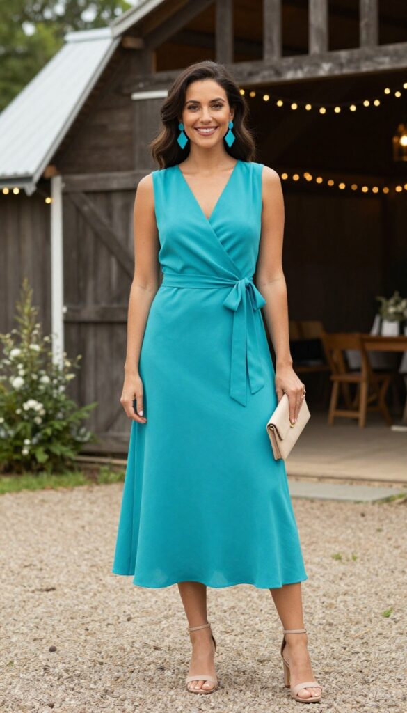 Bold turquoise wrap dress with turquoise jewelry for wedding guest