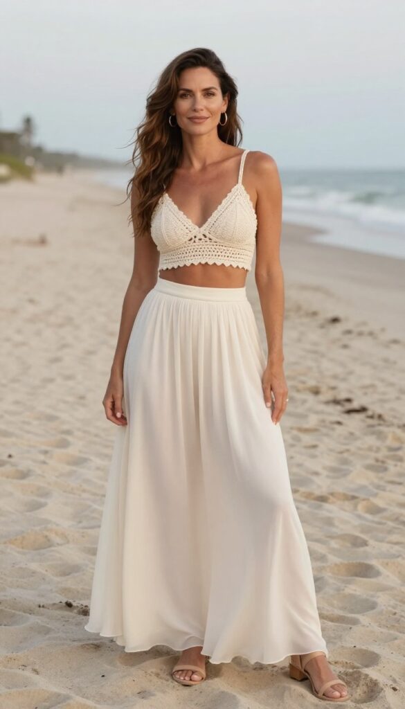 Boho wedding outfit: crochet crop top and high-waist maxi skirt on beach at sunset