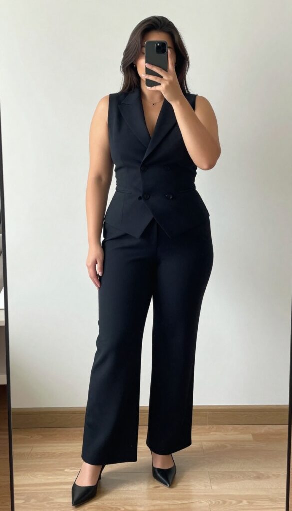 Woman in matching vest and wide-leg trousers, pointed flats, minimalist jewelry, professional outfit