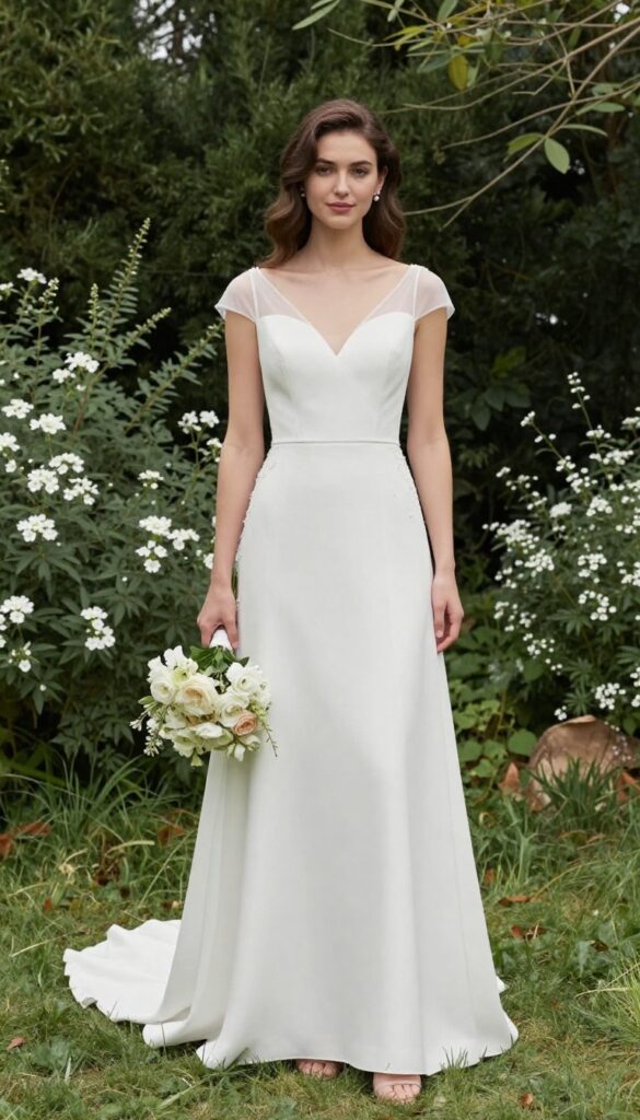 Bride in illusion neckline dress with cap sleeves and soft waves, holding bouquet in garden
