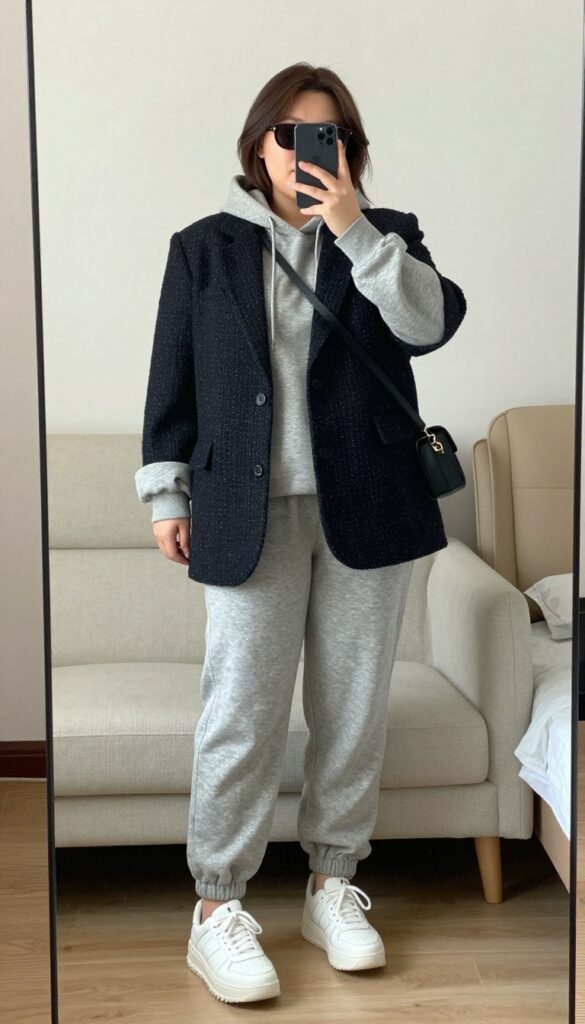 Woman in blazer over hoodie and joggers with chunky sneakers, taking a mirror selfie in bedroom, phone partially covering face.