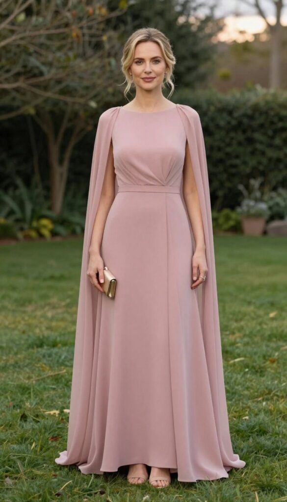 Woman in dusty rose cape sleeve gown with nude heels and gold clutch in garden at dusk