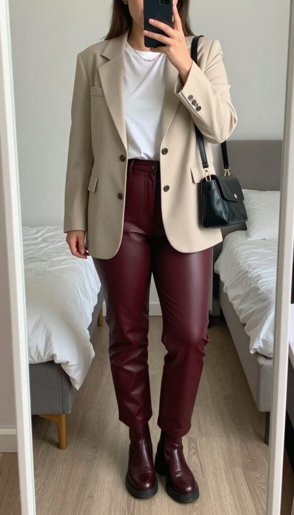 Woman in black leather trousers, white tee, and oversized beige blazer, posing in mirror selfie.