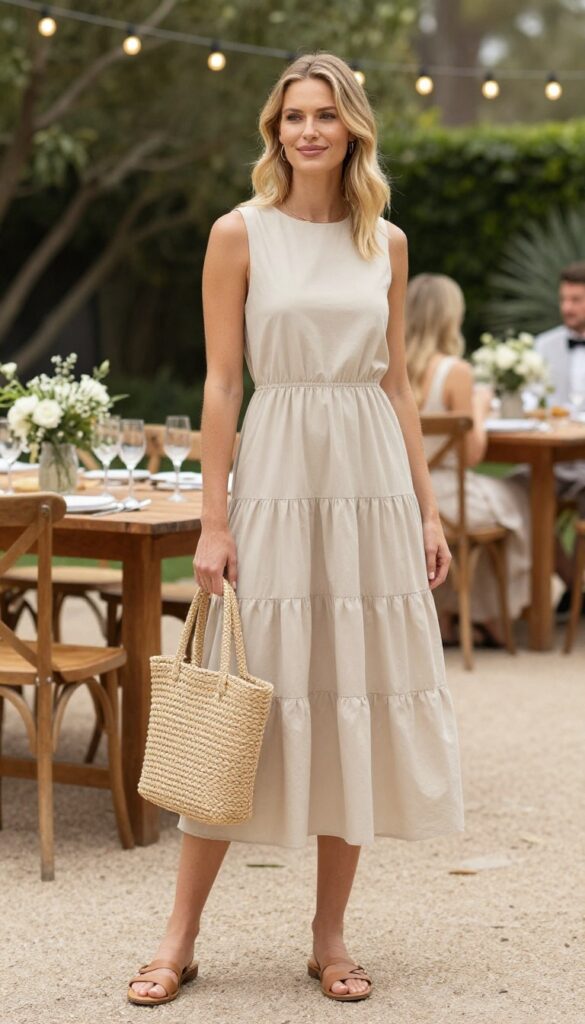 Woman in tiered cotton dress with woven bag and sandals at outdoor garden wedding