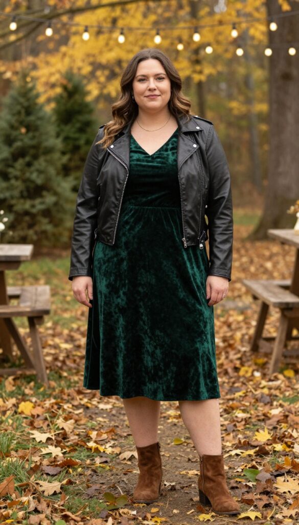 Plus-size woman in forest green velvet midi dress, black leather jacket, and brown suede ankle boots at rustic fall wedding venue