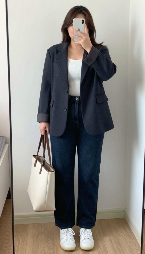 Woman in knit blazer, ribbed tank, straight-leg jeans, white sneakers, and tote bag, posing in mirror selfie.