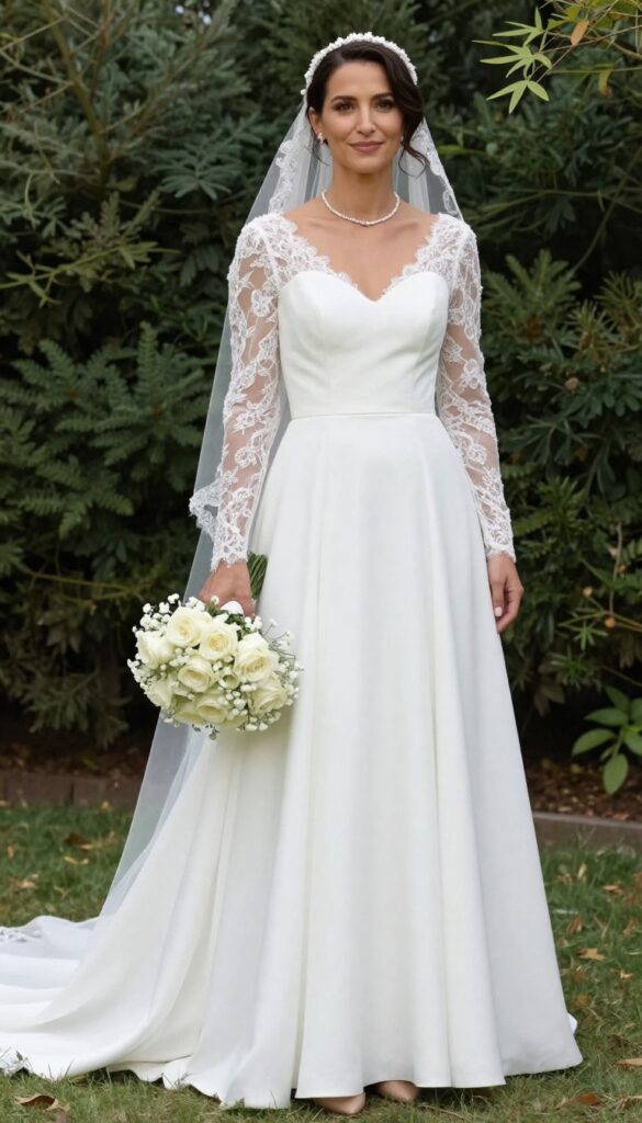 Bride in white A-line wedding dress with illusion lace sleeves, holding bouquet in garden