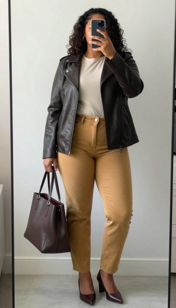 A woman in olive jeans, a cream top, and a black leather moto jacket, standing in an office hallway, holding a structured tote bag.