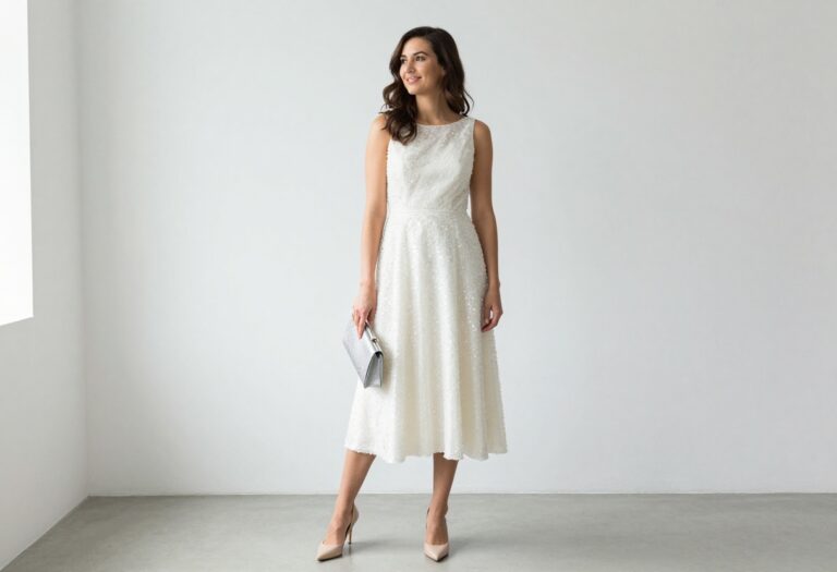 Woman in pearl wedding dress with sparkly sequin bodice, nude heels, and silver clutch in bright room
