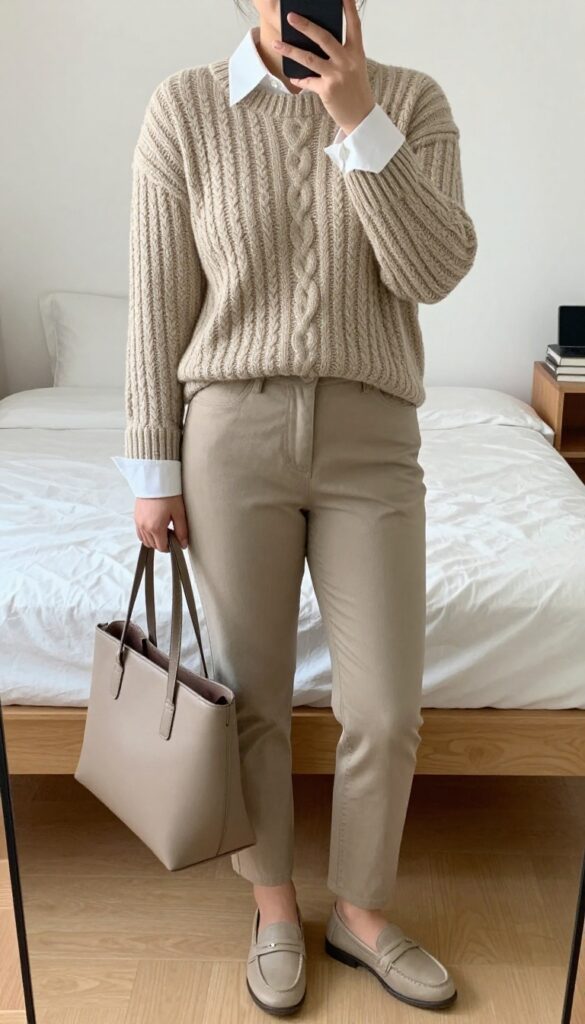 Chunky cable-knit sweater over a white collared shirt with chinos and loafers.