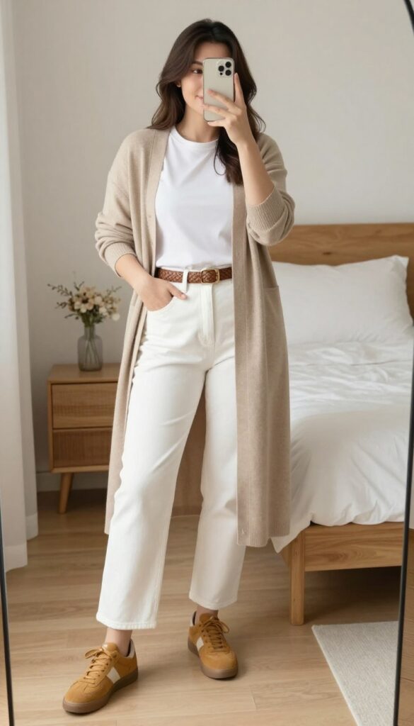 A woman in a taupe cardigan, white tee, and white jeans with tan sneakers, posing in a mirror selfie.