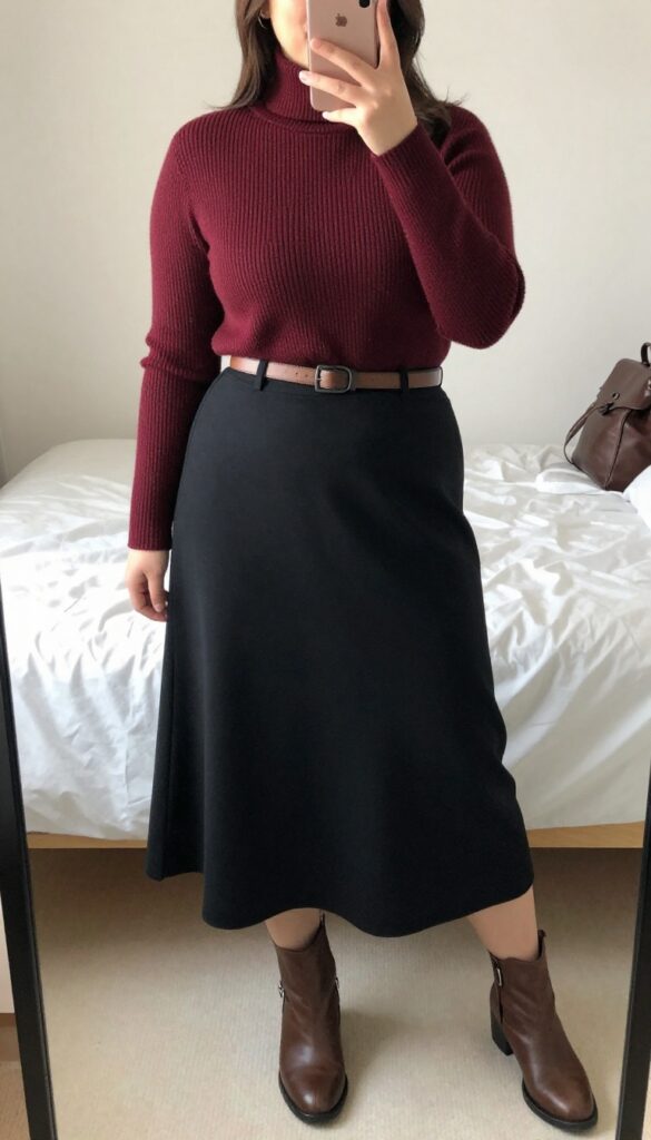 Plus-size woman wearing a chunky turtleneck, midi skirt, and belted cardigan, with ankle boots and leather backpack, taking a mirror selfie in a bedroom.