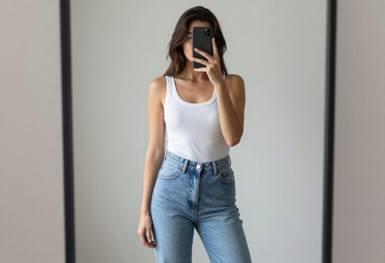 A tall woman in high-waisted mom jeans and a fitted white tank top takes a mirror selfie, showcasing a balanced, casual outfit for daily wear.