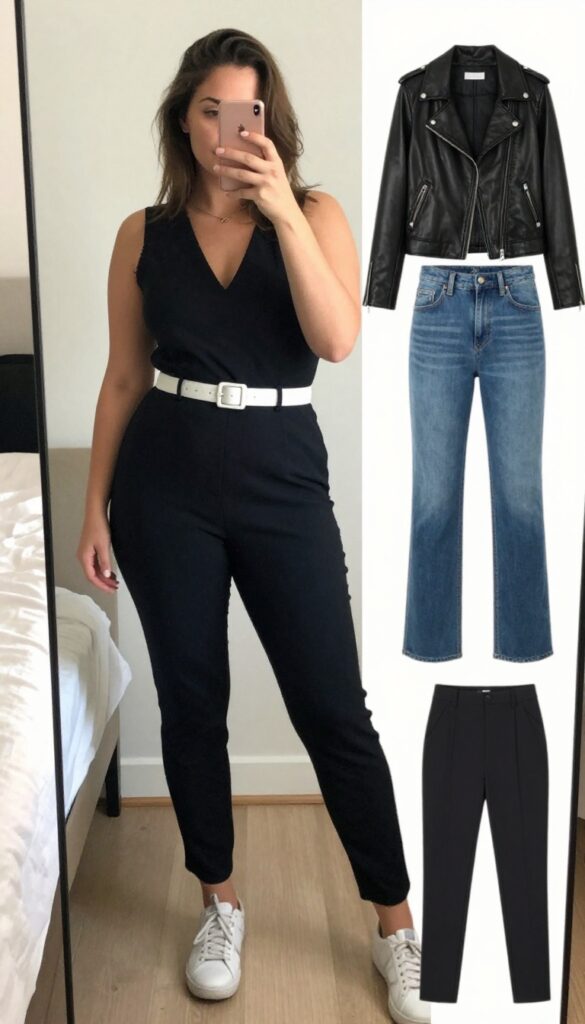 Woman in black jumpsuit with white belt and white sneakers, taking a mirror selfie in bedroom, phone partially covering face.