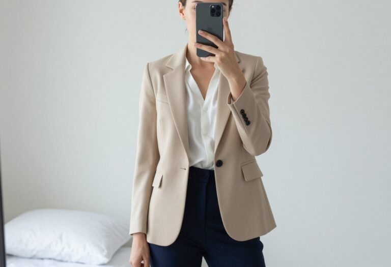 Petite woman in beige blazer and navy trousers taking a mirror selfie in a bright bedroom