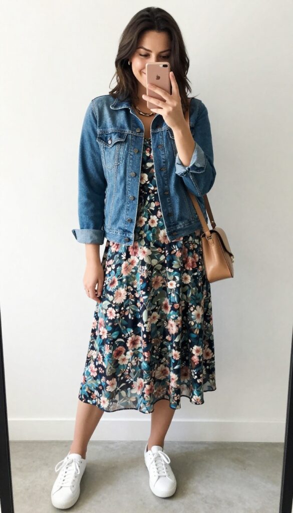 Young mom in floral midi dress and denim jacket taking a mirror selfie, wearing white sneakers and crossbody bag, bright natural light.