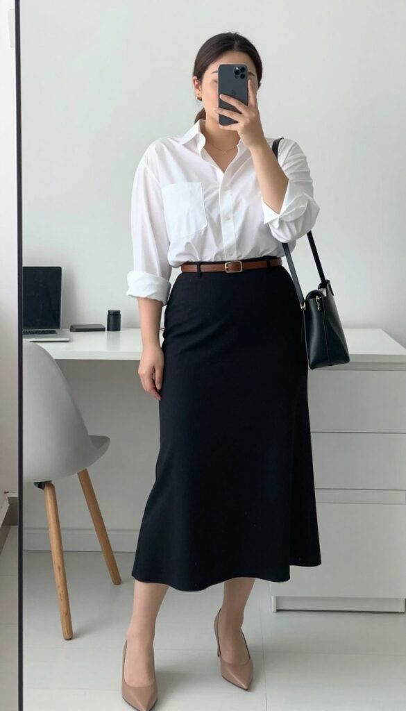 Woman in white button-down shirt and black A-line midi skirt, half-tucked with belt, nude pumps, black bag, in office setting.