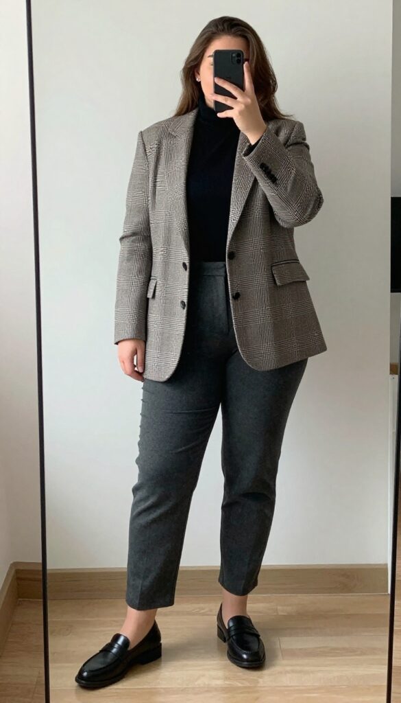 A woman in a black turtleneck under a plaid blazer, wearing charcoal trousers and leather loafers, posing in a business casual outfit.