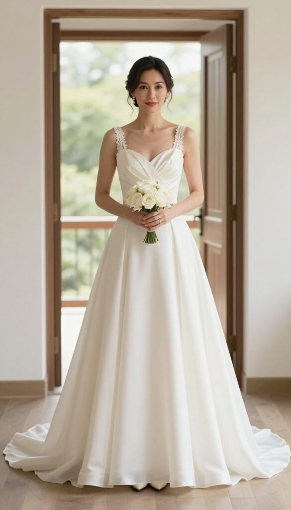 Bride in classic A-line ball gown with sweetheart neckline, standing in church doorway, holding white rose bouquet.