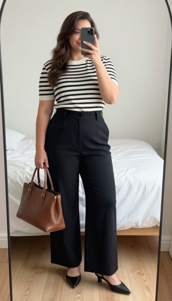 Pregnant woman in striped knit top and wide-leg trousers, standing in a bright office, holding a structured tote.
