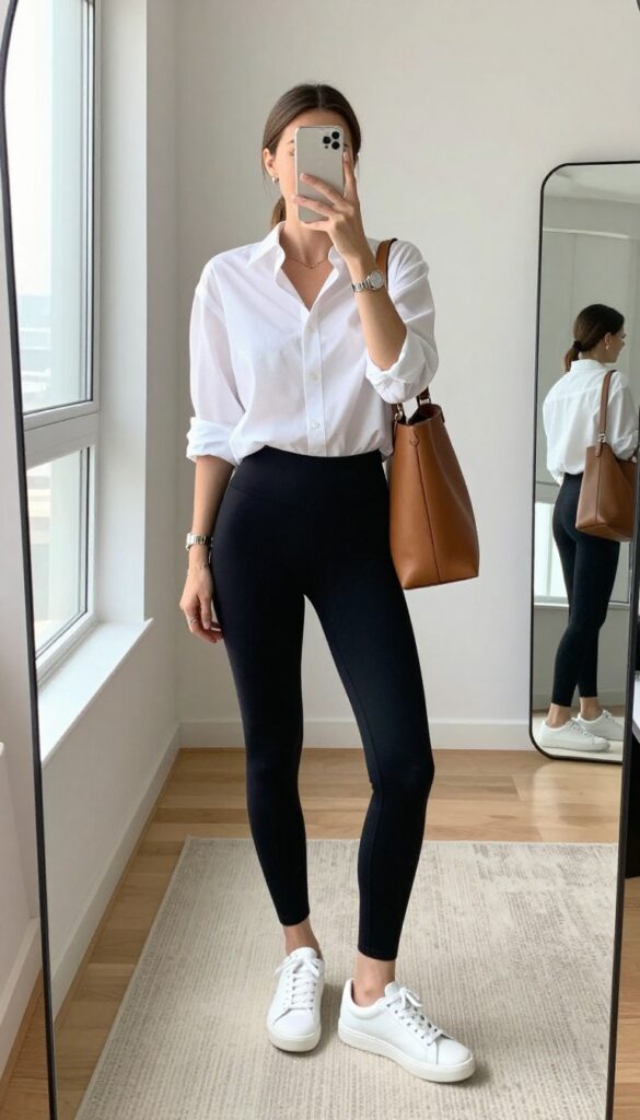 A woman taking a mirror selfie wearing a white button-down shirt with rolled sleeves, black leggings, white sneakers, and a tan shoulder bag. The setting is a bright bedroom with a full-length mirror.