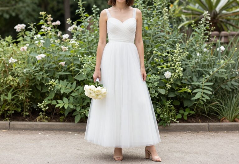 Woman in white tulle wedding dress standing in garden with bouquet