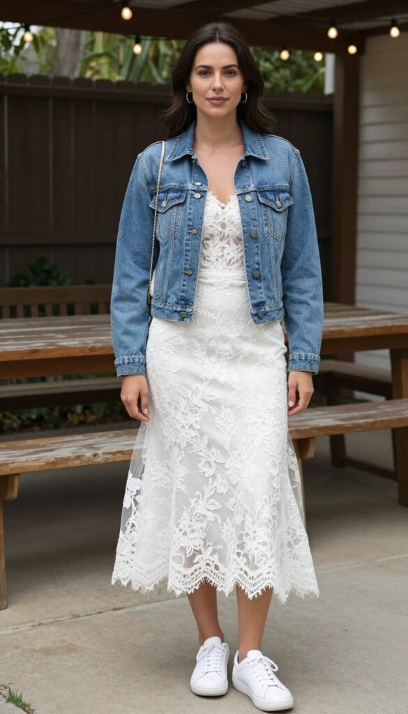 Young adult woman in white lace mermaid dress with light-wash cropped denim jacket, white sneakers, and gold hoop earrings, standing in a sunny backyard with string lights.
