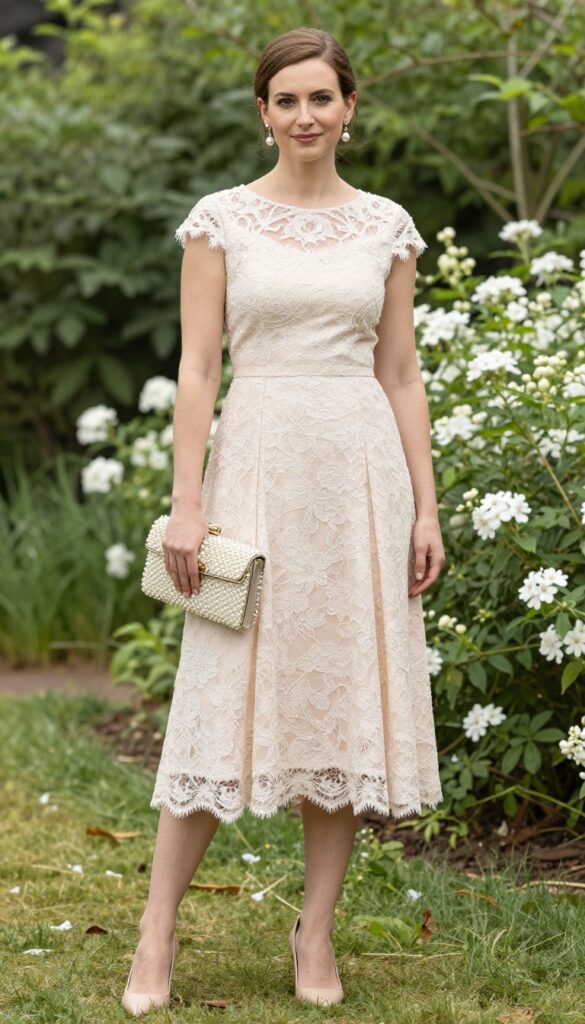 Woman in blush brocade dress with lace overlay and pearl accessories, standing in garden