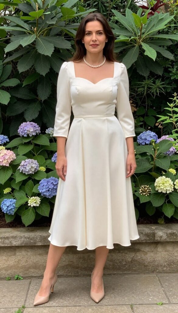 Bride in satin tea-length dress with full skirt, pearl necklace, and kitten heels standing in sunlit garden
